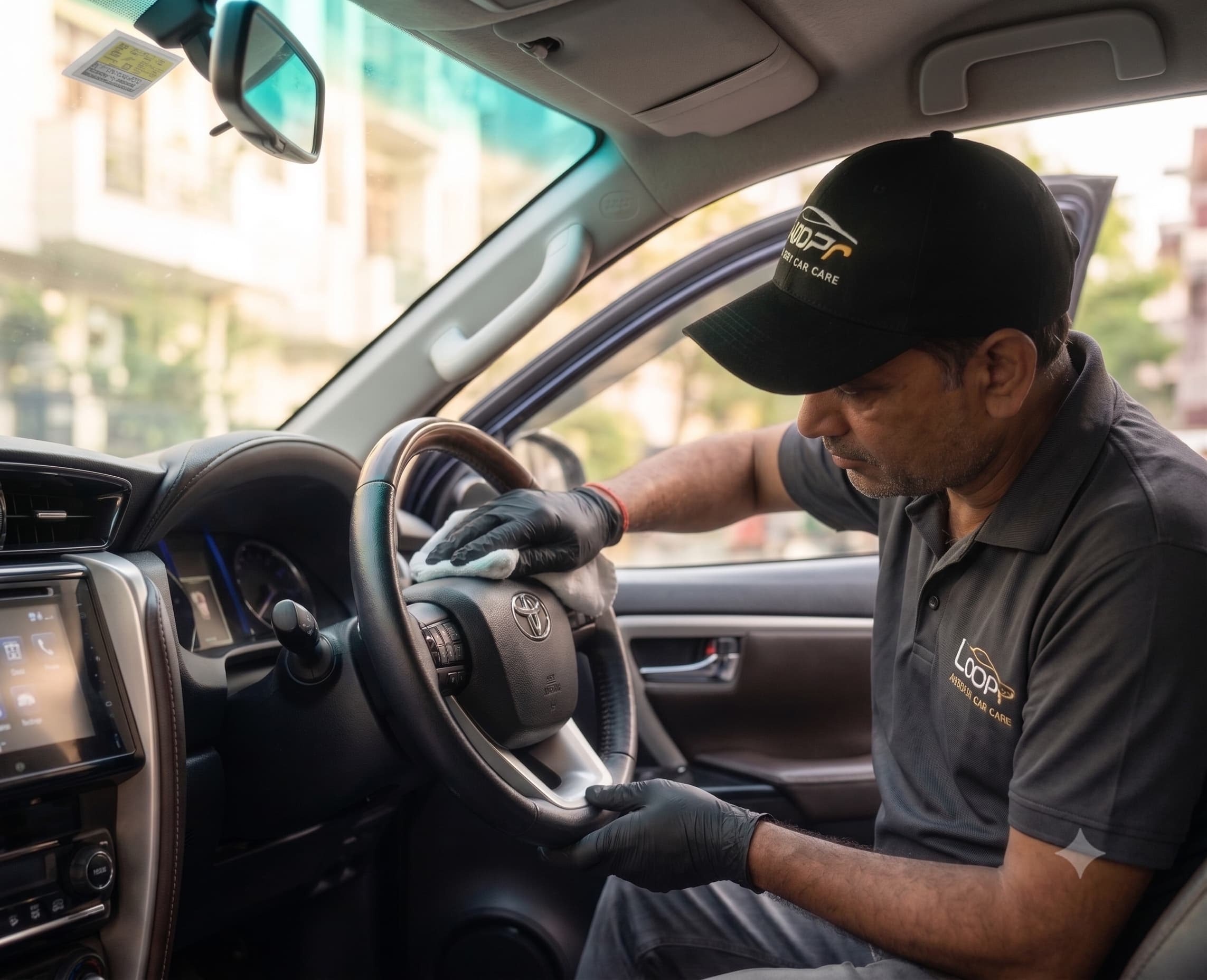 Loopr specialist wiping down a car dashboard